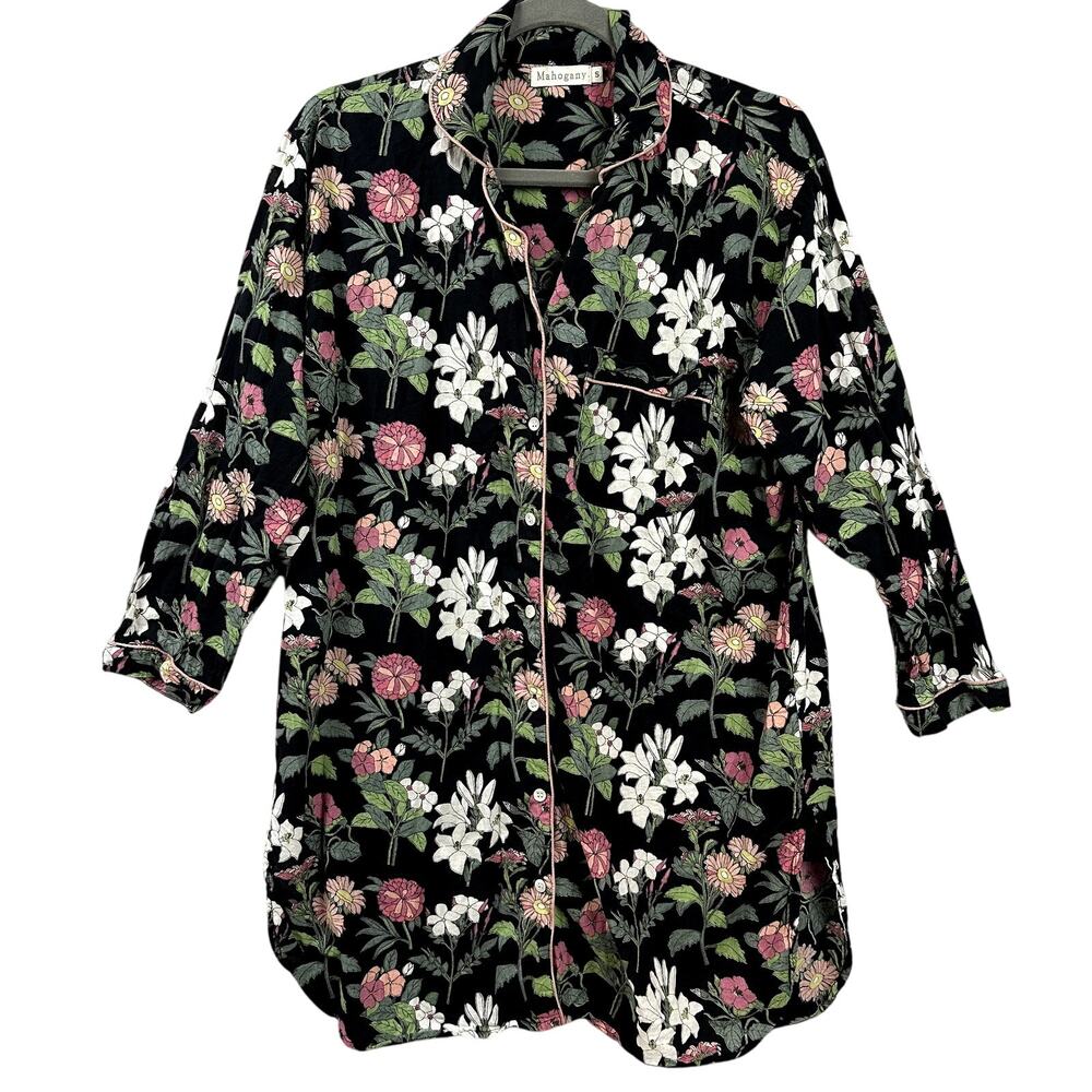 Mahogany Nightshirt Size S Black Floral Dress Button Down Collared Cottage